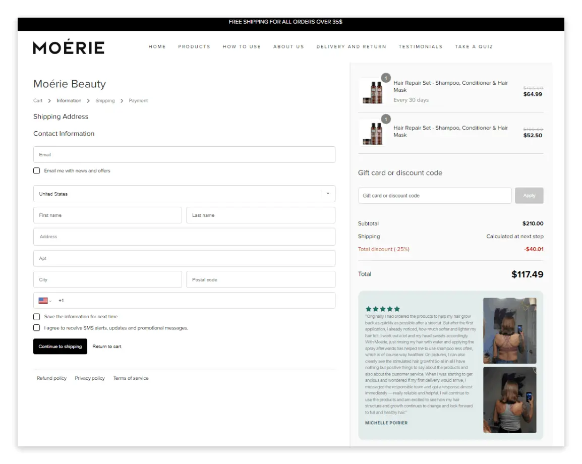 Moerie Hair Growth checkout page
